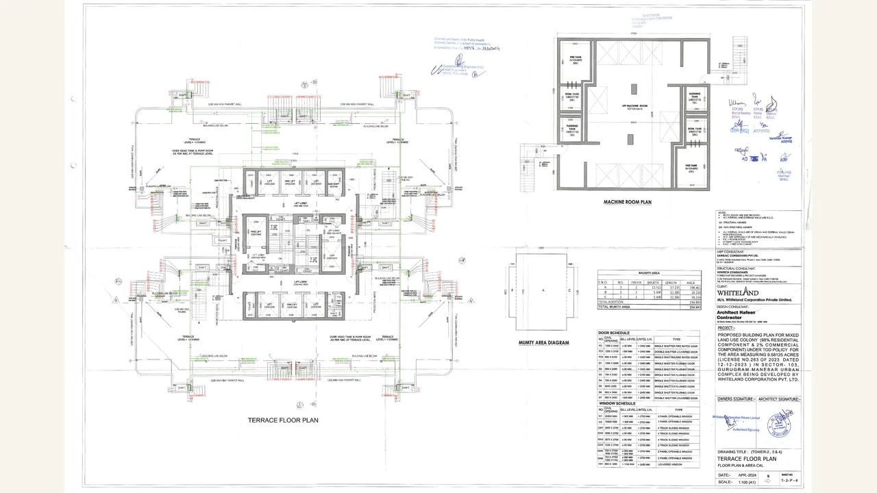 Urban Resort Towers 2–4 terrace-floor plan. Rendered 1-page HRERA Form REP-I upload labelled TOWER 2 3 4 TERRACE FLOOR; the visible sheets are project-specific Urban Resort authority plans/filings for Sector 103, Gurugram.
