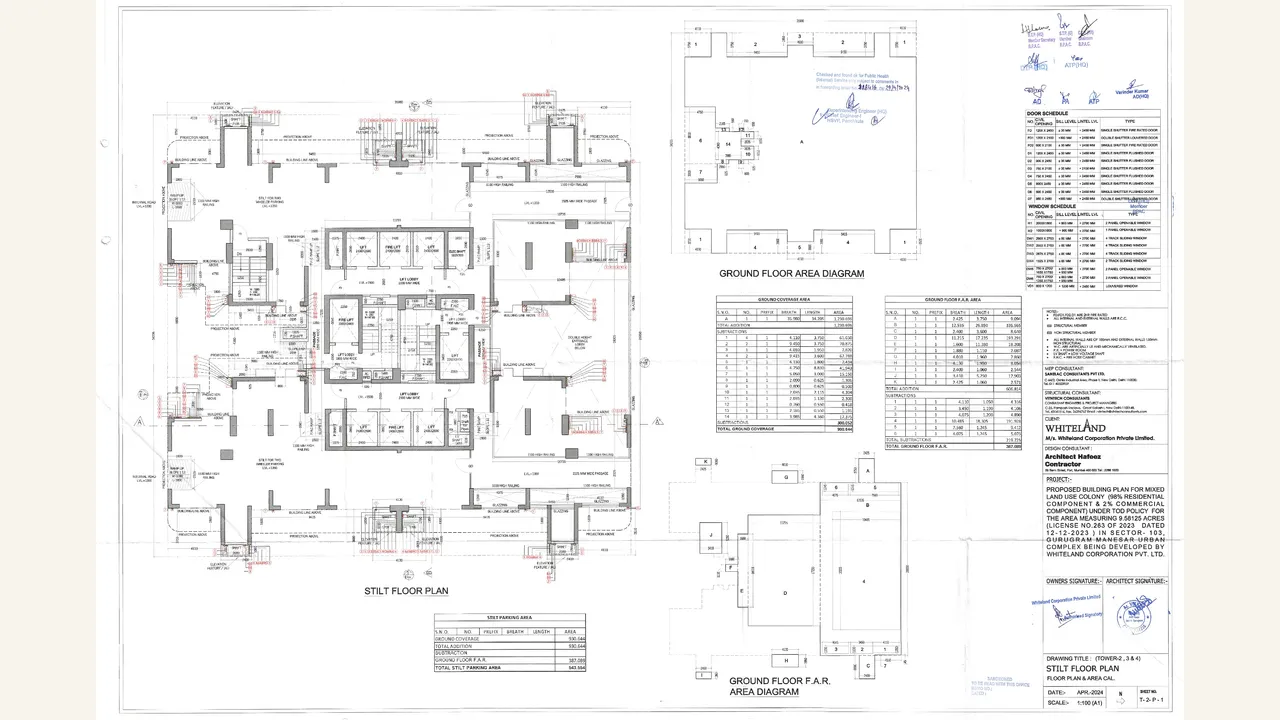 Urban Resort Towers 2–4 stilt-floor plan. Rendered 1-page HRERA Form REP-I upload labelled TOWER 2 3 4 STILT FLOOR; the visible sheets are project-specific Urban Resort authority plans/filings for Sector 103, Gurugram.