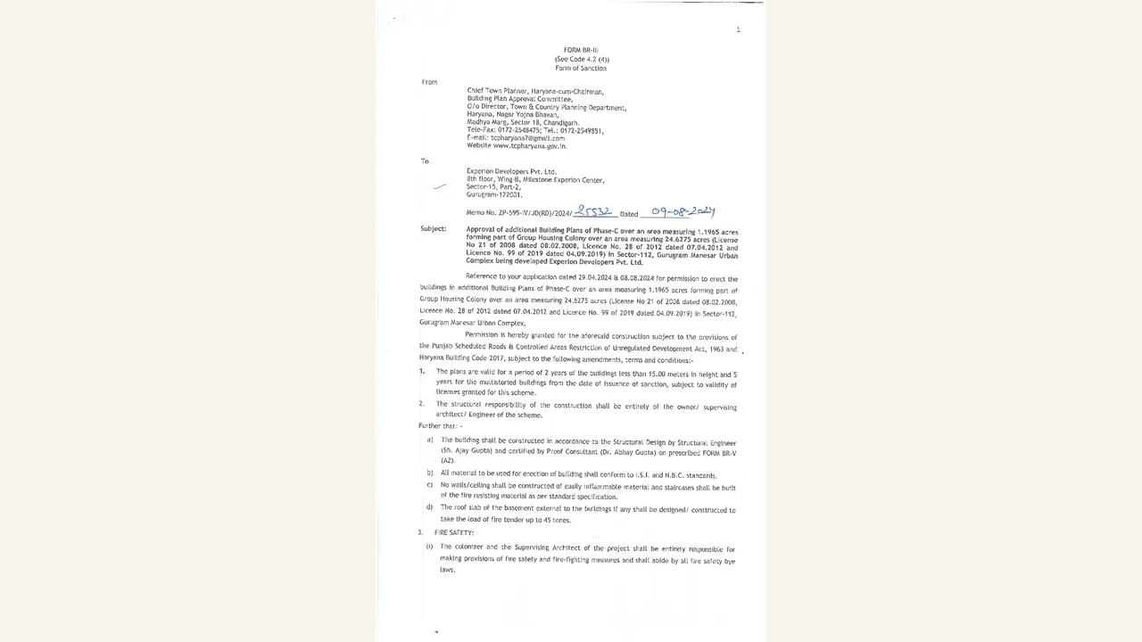 Broader-scope: five-page Haryana Town and Country Planning Form BR-III sanction packet for additional Phase C building plans over 1.1965 acres; authority correspondence, not a zoning drawing.